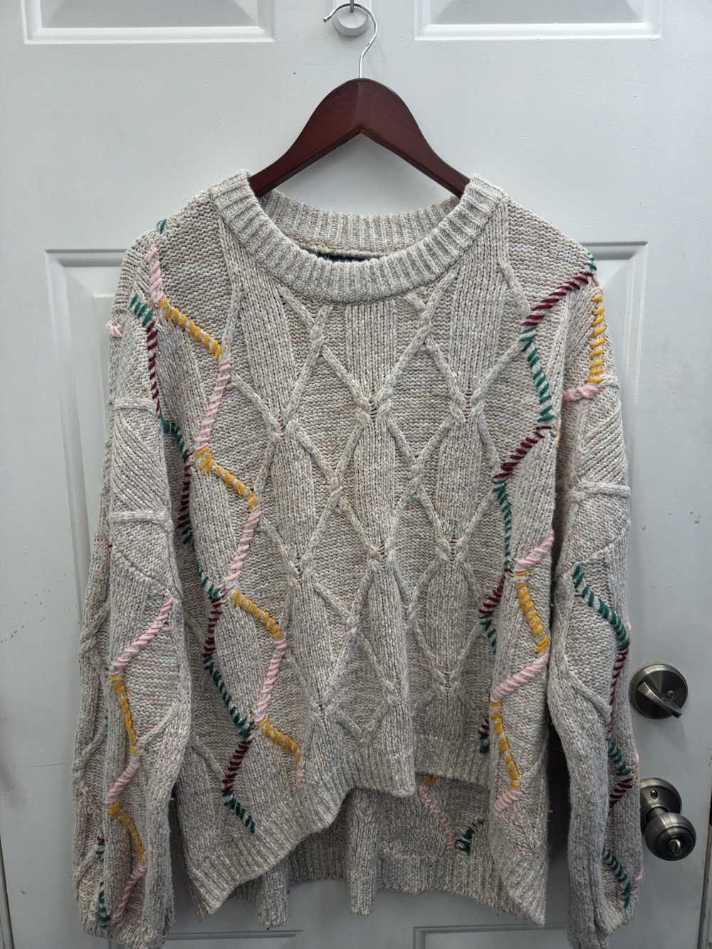 Cream Crewneck Cable Knit Sweater with Multicolor Stitching
